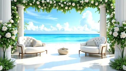 Elegant beachfront lounge with floral arch and ocean view