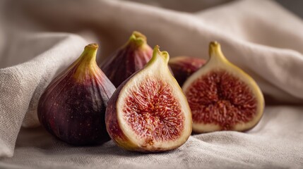 Fresh Figs Cut in Half on Soft Beige Fabric for Organic Food Photography