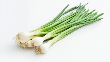 Bunch of fresh spring onions elegantly arranged on a bright white surface