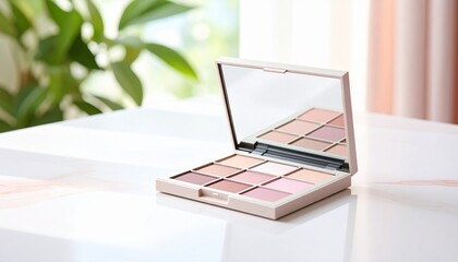 A pearlescent eyeshadow palette placed on marble
