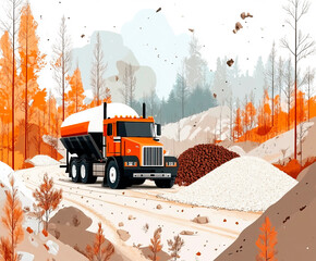 A stylized digital illustration of a large orange cement truck driving through a rugged autumn landscape with piles of gravel and falling debris, creating a dynamic and industrial construction scene.