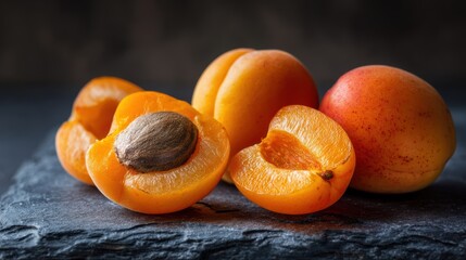 Fresh Apricots Halved and Whole on Dark Slate Background with Soft Lighting