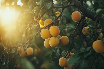 Ripe apricots hanging on the tree in an orchard. Beautiful summer background with fresh peach fruits, close-up. generative ai