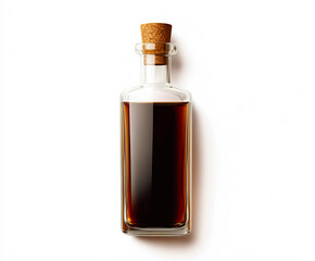 A transparent glass bottle with a cork stopper contains a dark amber liquid, set against a white background, creating a minimalist and elegant composition reminiscent of perfume, liquor.