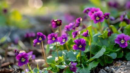 Obraz premium Vibrant Purple Flowers Blooming Under Sunlight Showcasing Delicate Petals in Spring