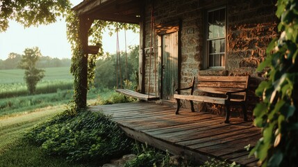 Obraz premium Rustic porch with a swing and a wooden bench outdoors