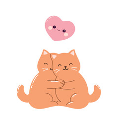 Cute cats with heart. Warm hug with cats. Friendship day. Love