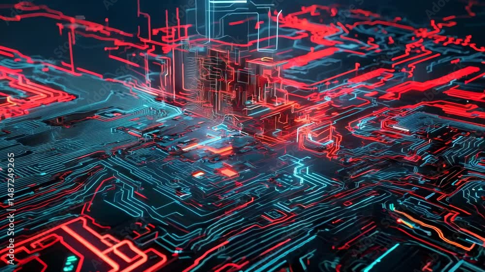 Poster Computer technology abstraction with connected hardware or data servers in neon lights of wires
