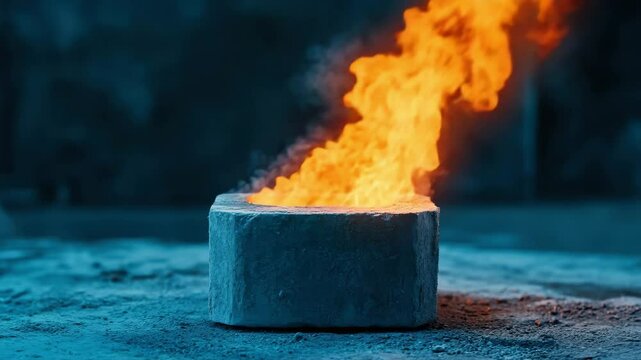 A vivid flame burns atop a concrete or stone platform in a dark, moody setting.