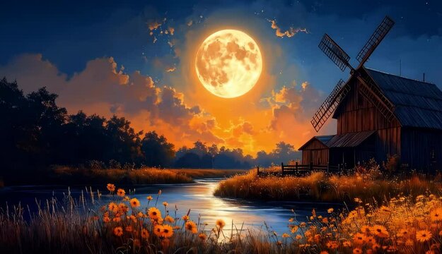 Serene Night Landscape Rustic Windmill by Calm River Under Full Moon