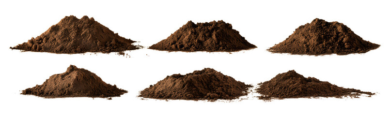 Collection of humus soil mounds with isolated white background