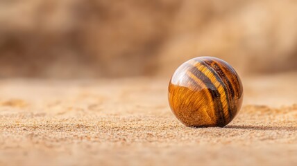 Polished Tigers Eye Stone Sphere on Sand
