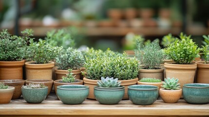 Greenhouse succulents and herbs in terracotta pots
