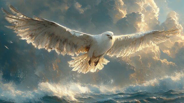 Majestic white bird soaring above turbulent sea