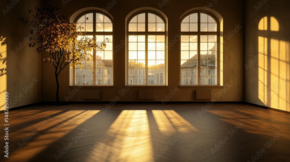 Poster an empty room illuminated by sunlight with tree details and shadows