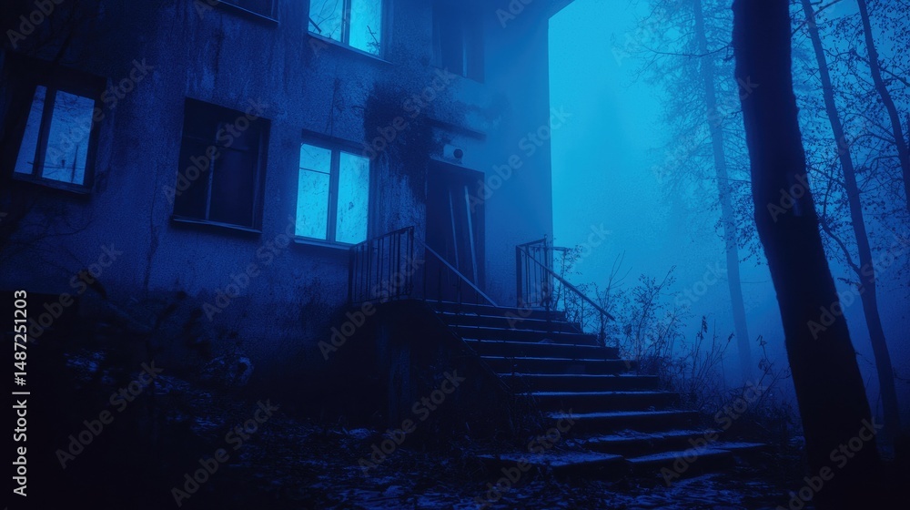 Poster an old building with glowing windows in misty forest