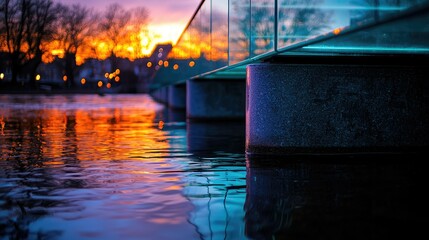 Fototapeta premium Colorful sunset reflects on water beneath a modern bridge structure