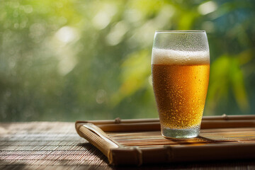 Glass of beer on bamboo mat in soft summer light – minimalist and refreshing scene