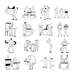 Various line art illustrations of people interacting with coffee cups and coffee beans