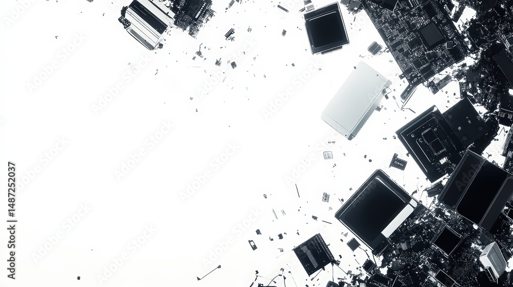 Aufkleber deconstructed technology: abstract arrangement of computer components on white