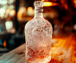 An ornate glass bottle with intricate engravings of birds and floral patterns sits on a wooden table in warm ambient lighting, creating a luxurious and artistic composition with vintage elegance .