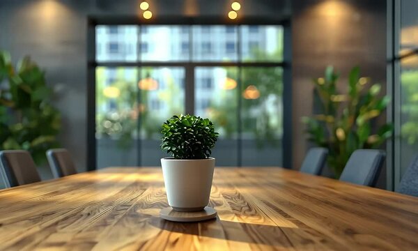 Wooden conference table with a small plant in a pot in a modern office.