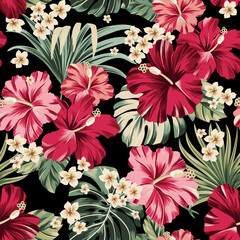 Vector seamless pattern Exotic   wallpaper of tropical flowers  green leaves of palm trees and flowers bird of paradis, hibiscus, artwork for fabrics, souvenirs, packaging, greeting cards 