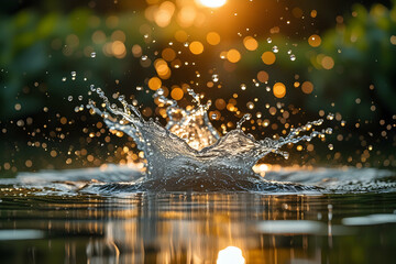 Golden Hour Water Splash: Dynamic Crown Formation with Sunlit Bokeh and Ripples Evoking Freshness, Purity, and the Beauty of Nature's Transient Movement.

