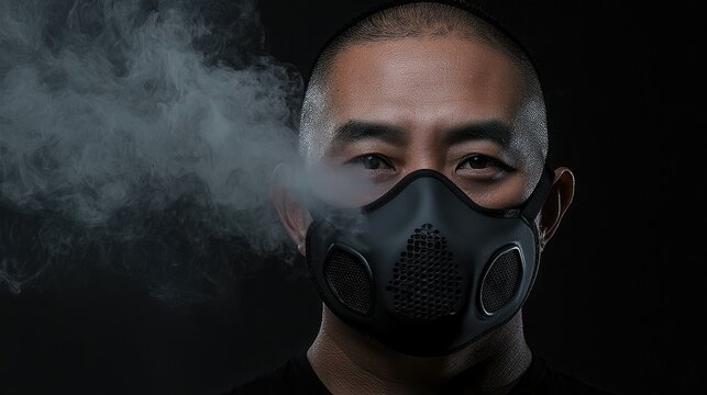 A man wearing a mask with smoke blowing from the mouth
