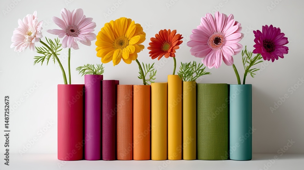 Poster row of vases with colorful flowers and books in them. the vases are arranged in a rainbow pattern, w
