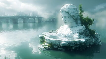 Marble bust, serene woman, sits in misty water; bridge, cityscape in the background, soft, dreamy