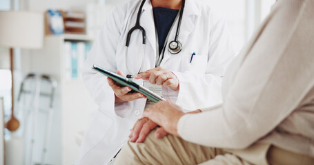 Tablet, doctor and hands of old woman in office for consulting, discussion or cancer diagnosis....