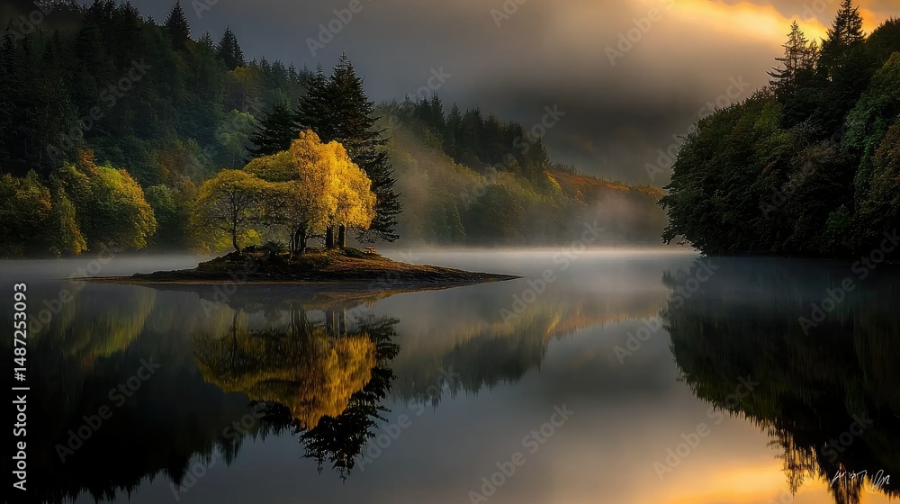 Poster a serene view of a lake with a small island and trees