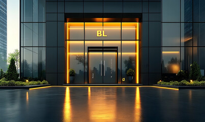 Modern building entrance with glass doors, bright yellow accent lighting, and reflective wet pavement