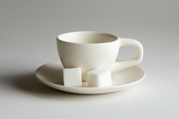 Cup and saucer beside sugar cubes on white background.