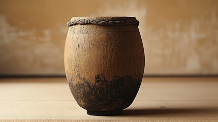 A rustic and aged wooden barrel sitting on a light surface