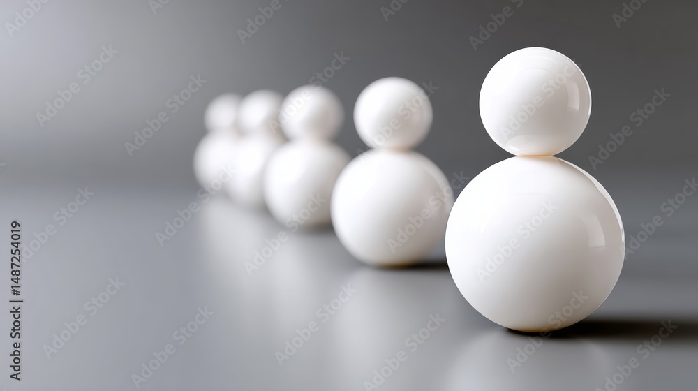 Poster row of white snowmen are lined up on a gray background. the snowmen are all the same size and shape,