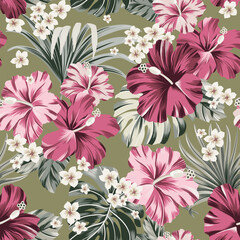 seamless pattern Exotic hawaiian tropical hibiscus flowers and palm on black background  artwork for fabrics, souvenirs, packaging, greeting cards and scrapbooking