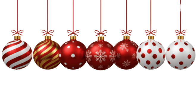 set of Six Red and White Christmas Ornaments with Festive Patterns, Isolated on Transparent Background