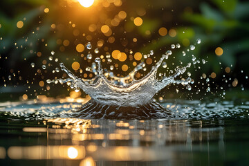Golden Hour Water Splash: Dynamic Crown Formation with Sunlit Bokeh and Ripples Evoking Freshness, Purity, and the Beauty of Nature's Transient Movement.

