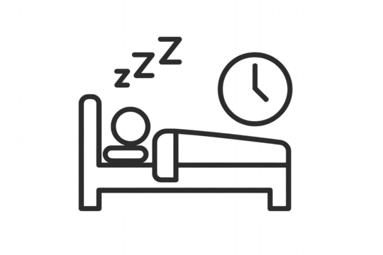 Person sleeping in bed with clock showing midnight, indicating late hours. Isolated on transparent background.