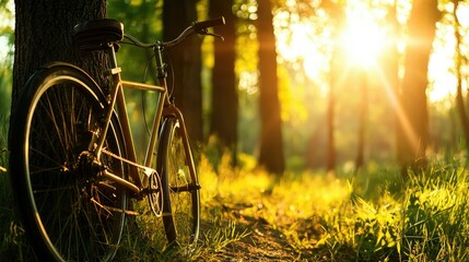 Naklejka premium A Bicycle Leaning Against a Tree in a Bright Forest