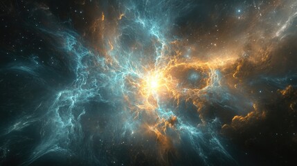 Fototapeta premium Cosmic explosion; vibrant nebula with teal, gold energy bursts, swirling gases in deep space