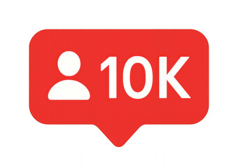 Red and white "10k" icon isolated on transparent background.