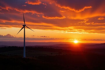 Obraz premium a wind turbine silhouetted against a dramatic orange and purple sunset sky over rolling hills.