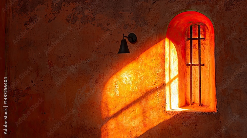 Poster sunlight illuminating a rustic wall with window and lamp detail