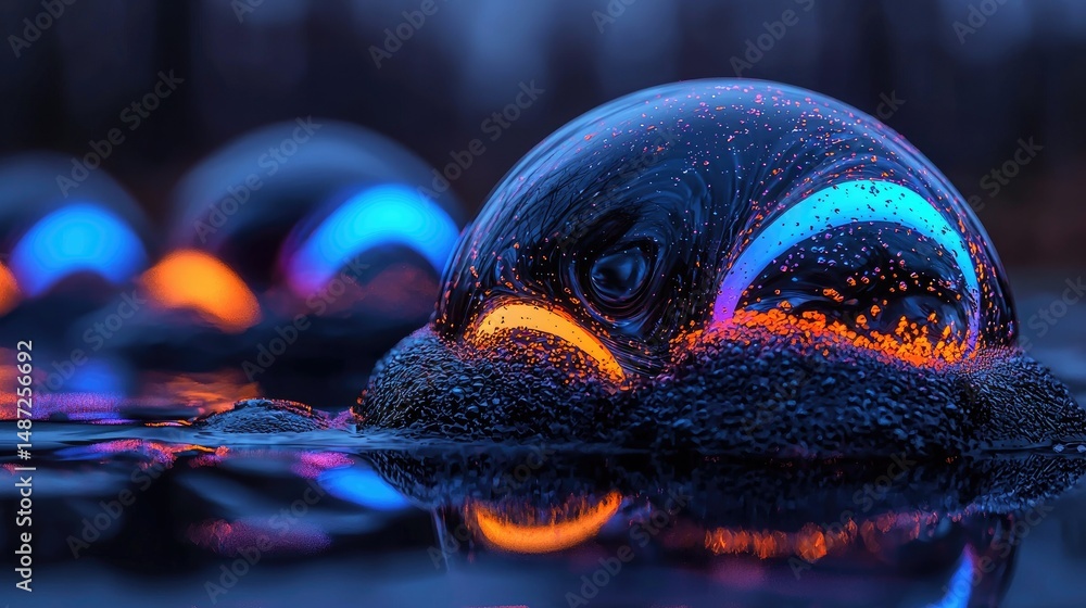 Poster luminous and colorful bubbles resting on a dark reflective surface