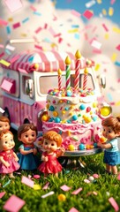 Obraz premium Colorful Children's Birthday Celebration with Toy Figures and Festive Decor