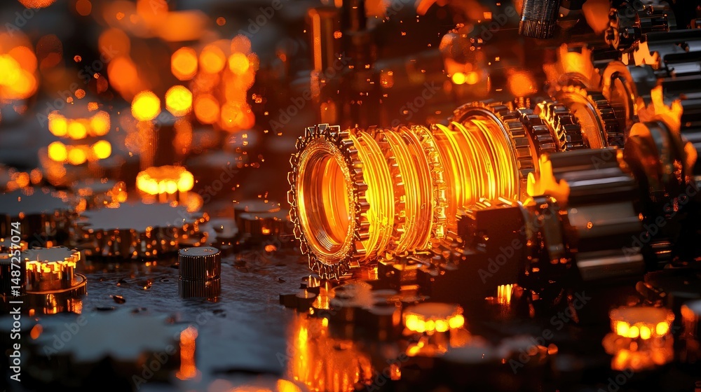 Poster close up image showing glowing gear mechanisms and components