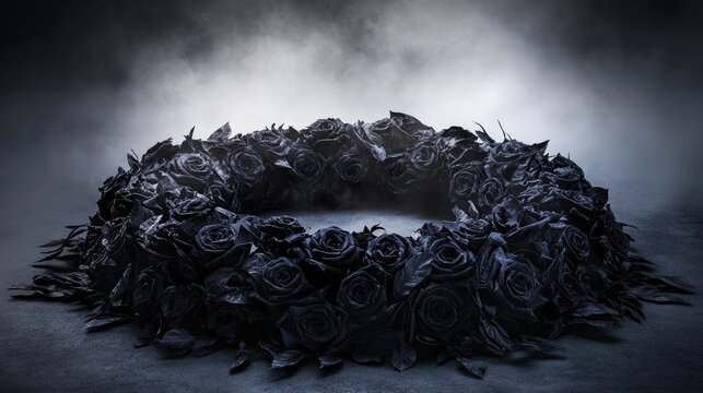 Dark floral wreath design with dramatic lighting.